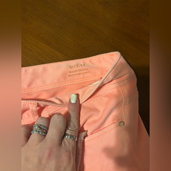 Lilly Pulitzer Worth Skinny Cheeky Melon Peach SATEEN Pants Jeans 14 - Picture 3 of 8